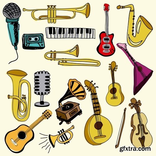 Collection of musical instrument guitar piano violin wind instrument 25 EPS