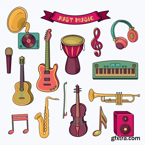 Collection of musical instrument guitar piano violin wind instrument 25 EPS