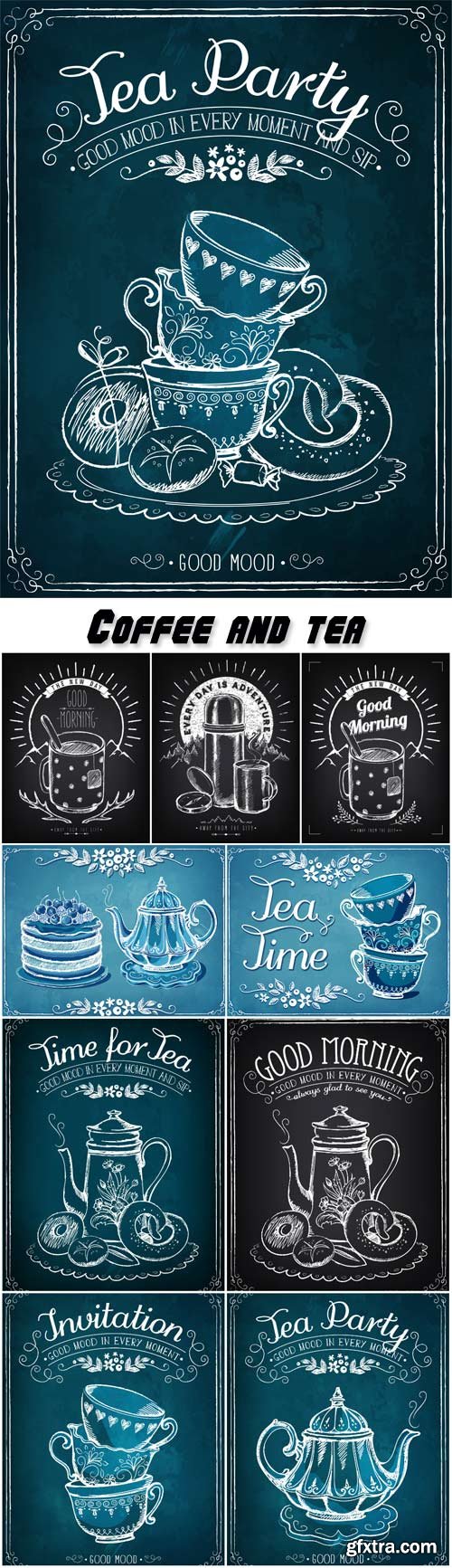 Coffee and tea, cups and teapots drawn vector