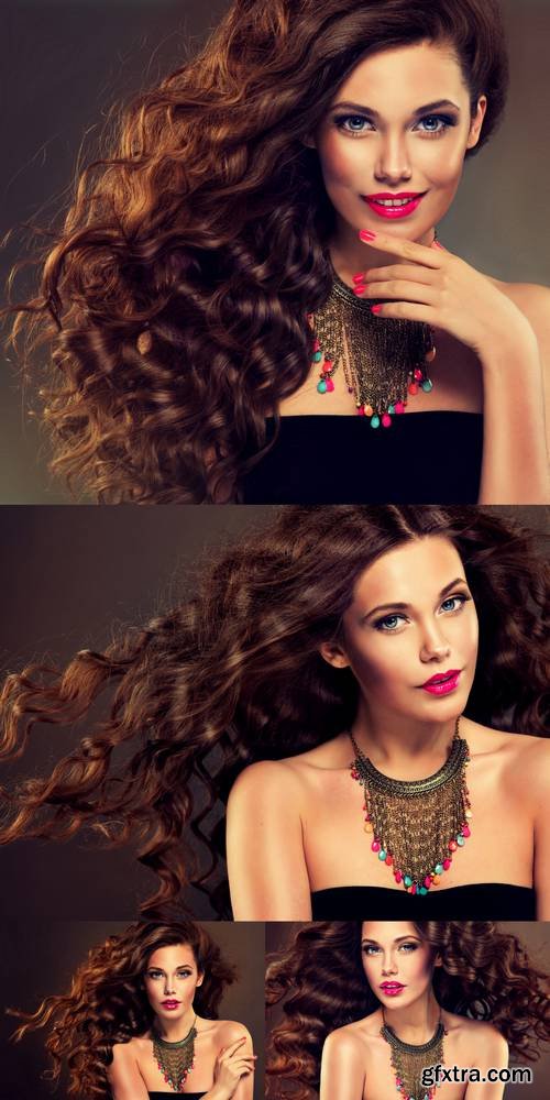 Beautiful Model Brunette with Long Curled Hair and Jewelry Necklace