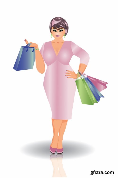 Collection of full fat lady girl doing shopping vector image 25 EPS