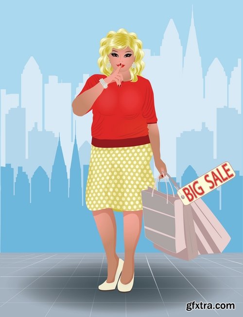 Collection of full fat lady girl doing shopping vector image 25 EPS