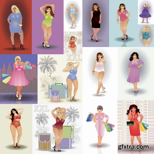 Collection of full fat lady girl doing shopping vector image 25 EPS