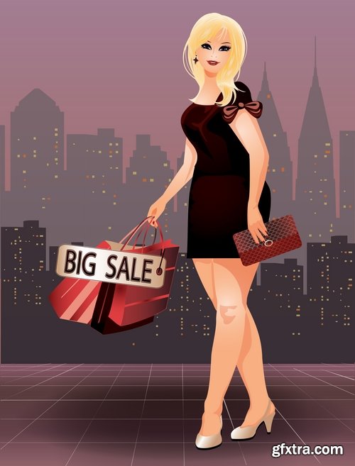 Collection of full fat lady girl doing shopping vector image 25 EPS