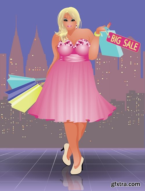 Collection of full fat lady girl doing shopping vector image 25 EPS