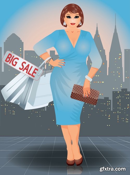 Collection of full fat lady girl doing shopping vector image 25 EPS