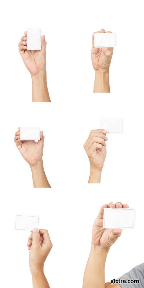 Hand with Blank Card Isolated on White Background
