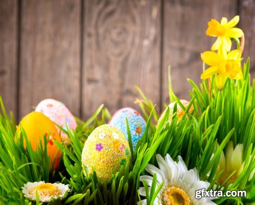 Easter background, beautiful colorful eggs in spring grass