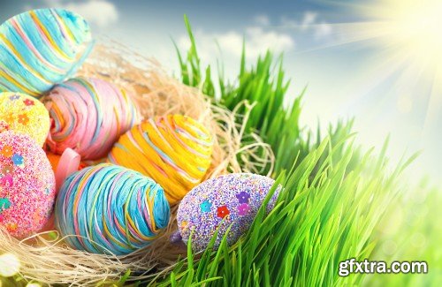 Easter background, beautiful colorful eggs in spring grass