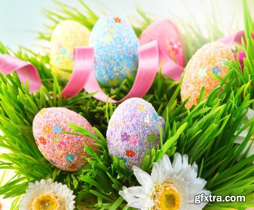 Easter background, beautiful colorful eggs in spring grass