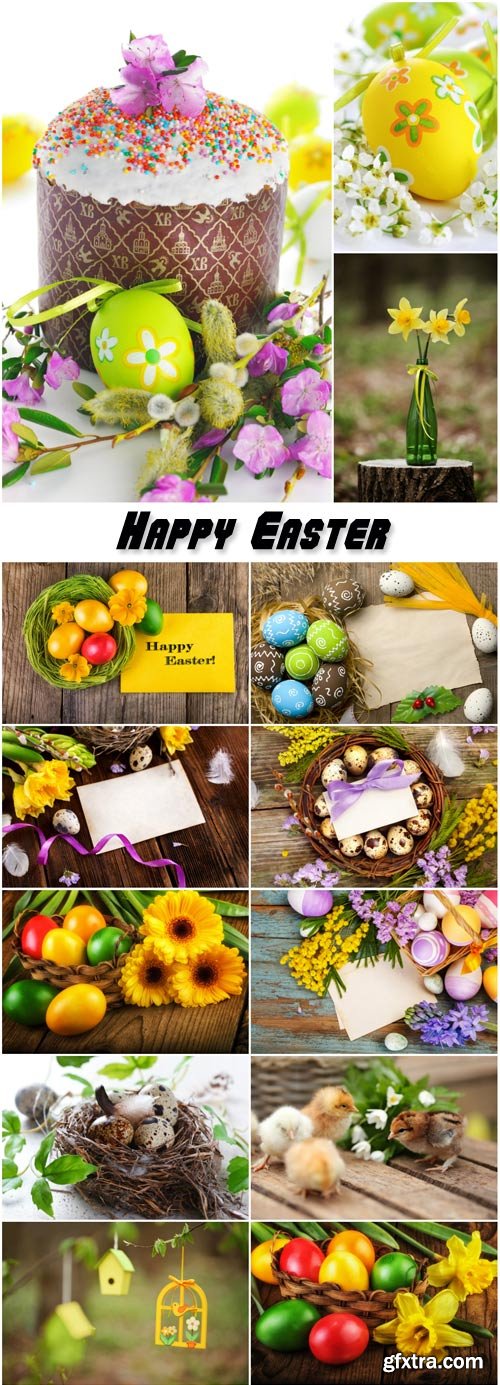 Happy Easter, easter eggs, spring flowers, greeting card and text