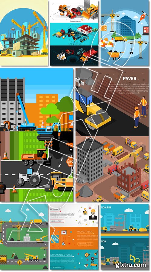 Construction with building crane and excavator on yellow background cartoon - Vector