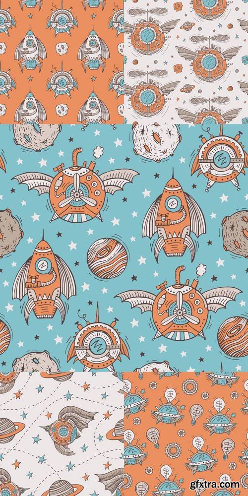 Seamless Steampunk Pattern - Space, Spacecrafts