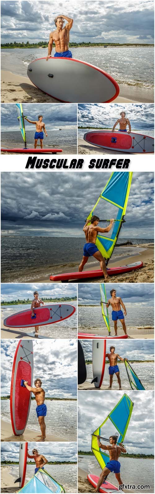 Muscular surfer posing with surfboard