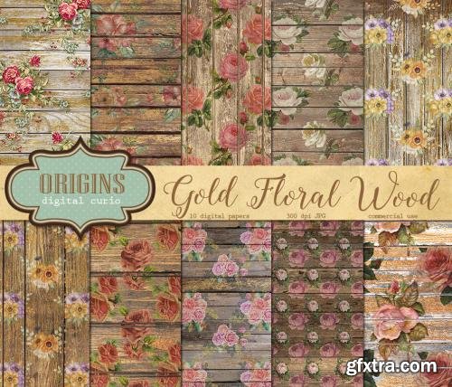 CreativeMarket Gold Wood Floral Digital Paper 583447