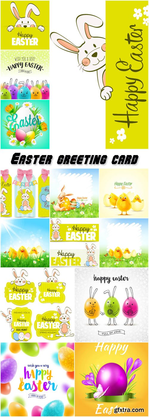 Easter greeting card with eggs and hand drawn rabbits