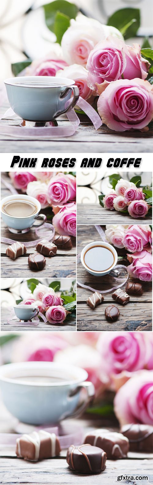 Pink roses, coffe and chocolate on the wooden table