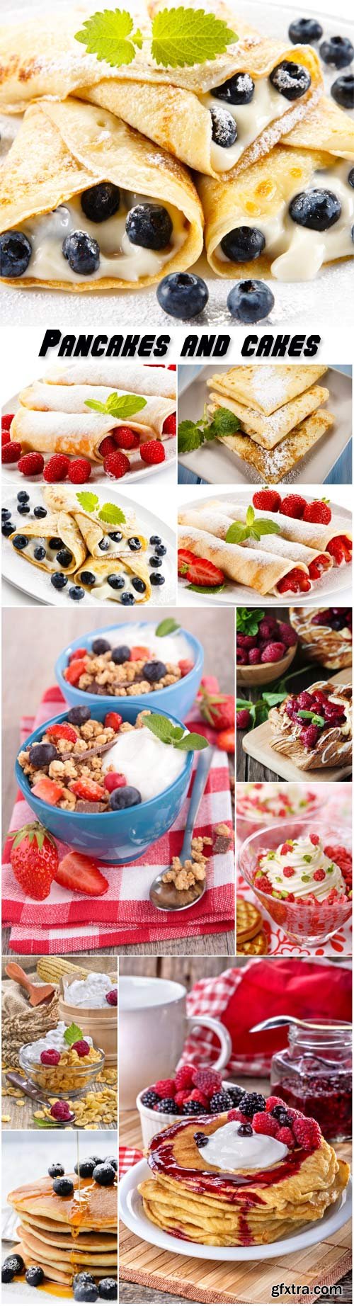 Pancakes with berries and cakes