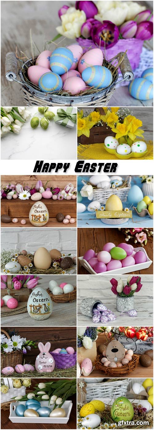 Easter eggs, tulips and Easter bunnies