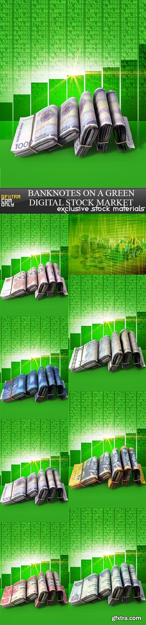 Banknotes on a green digital stock market, 8  x  UHQ JPEG