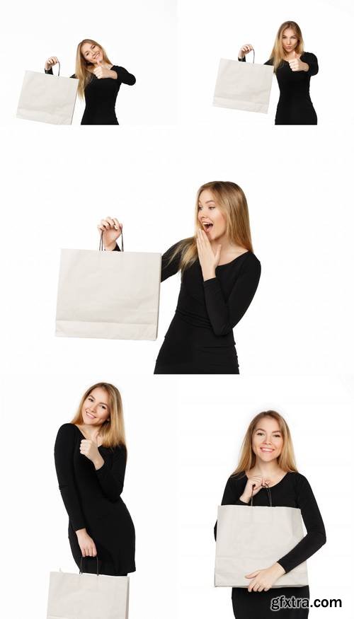 Young Woman in a Black Dress with Shopping Bags, Isolated on a White Background