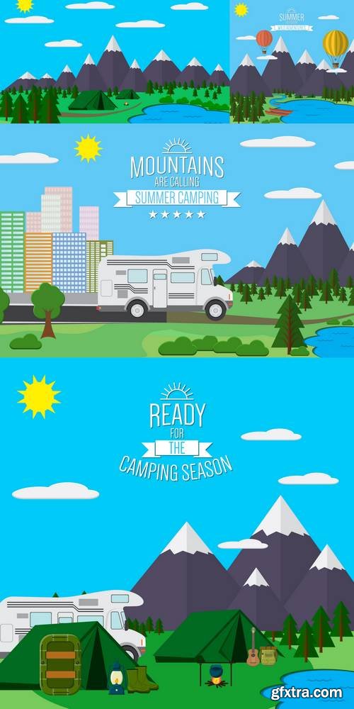 Mountains with Forest and River Trail Landscape Flat Vector Illustration