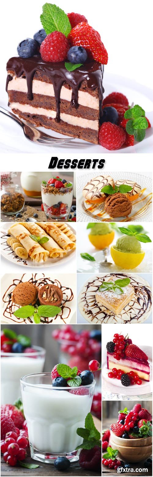 Desserts, pancakes, ice cream, cake and berries