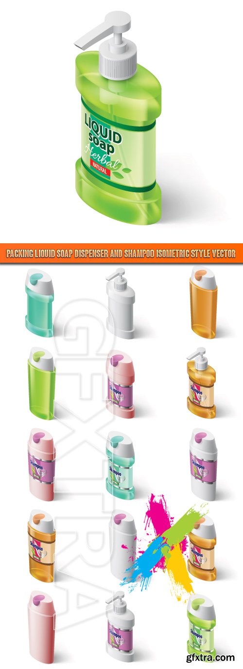 Packing Liquid Soap Dispenser and Shampoo Isometric Style vector