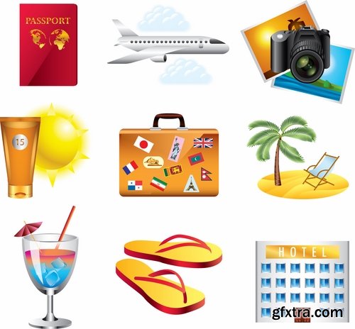 Collection of tourism objects things for travel 25 EPS