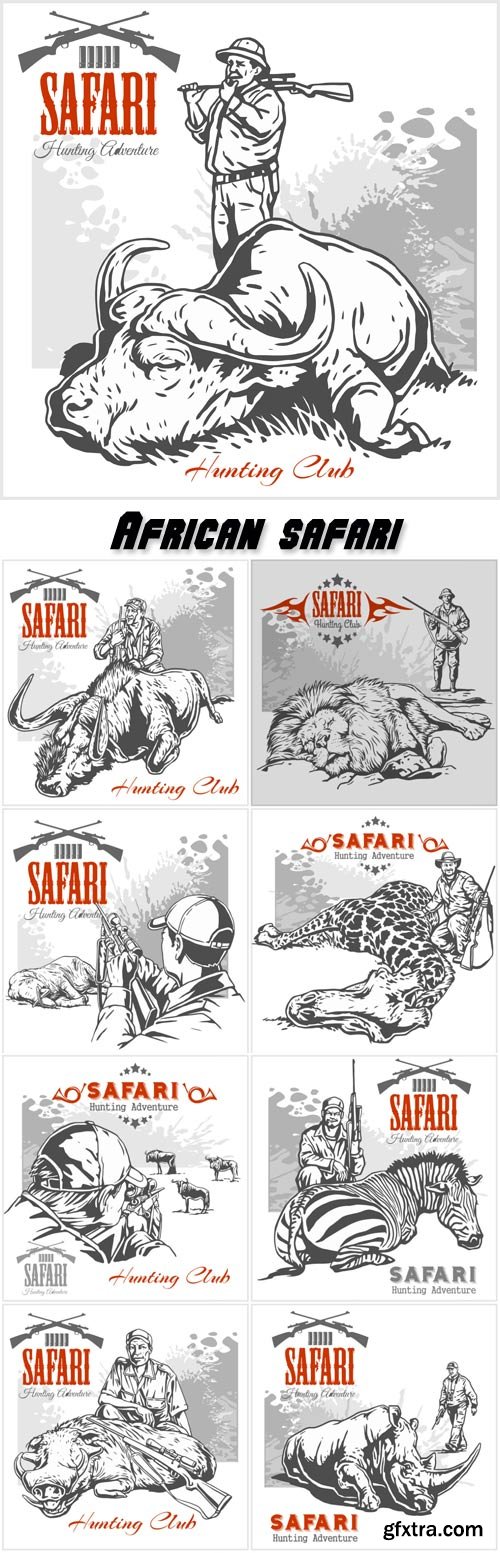 African safari illustration and labels for hunting club