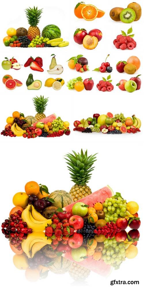 Mixed Tasty Fruits Set Isolated on White