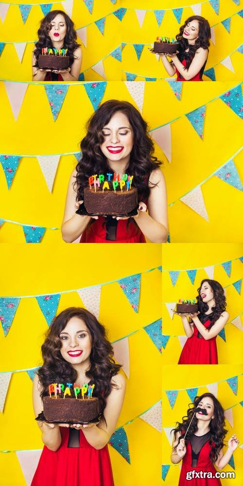 Beautiful Caucasian Girl Blowing Candles on Her Cake