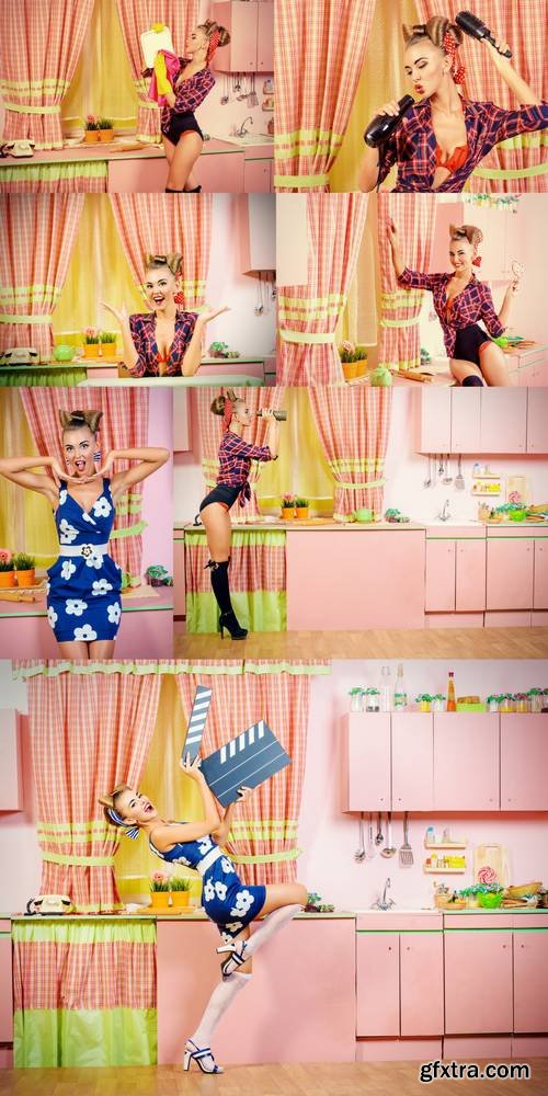 Beautiful Pin-up Girl on a Pink Kitchen - Retro Style