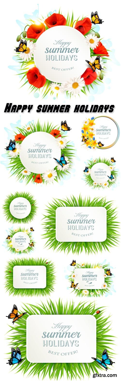 Happy summer holidays banner with grass and butterflies