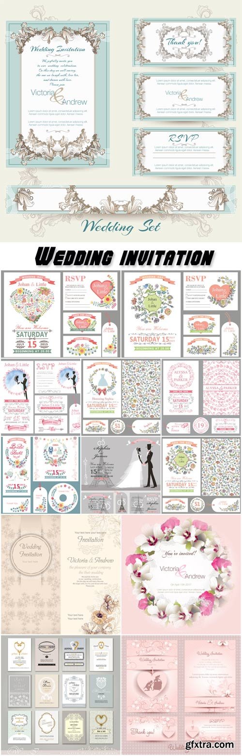 Wedding invitation cards set in vintage and retro style