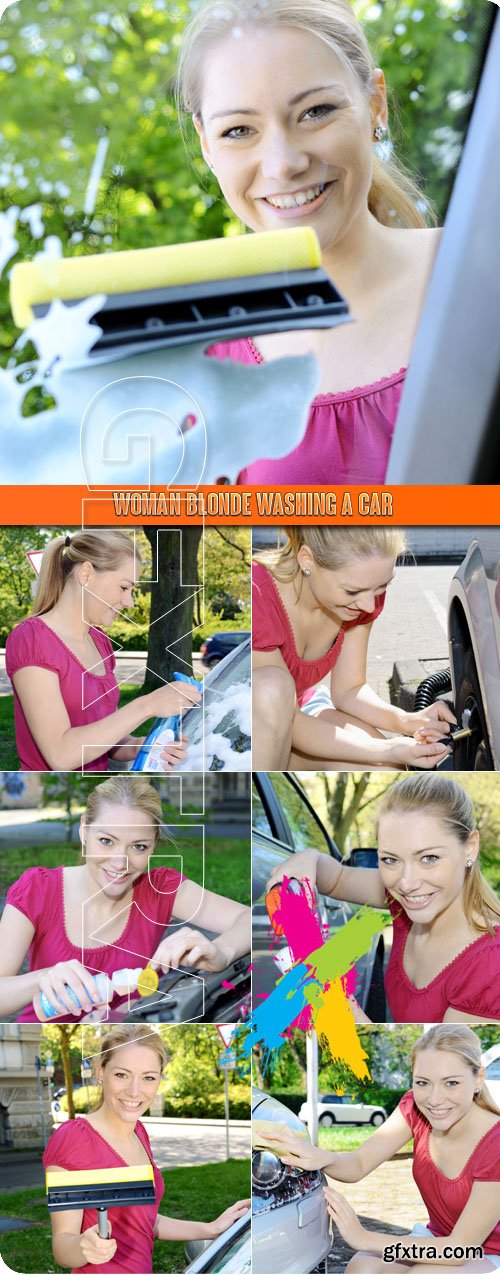 Woman blonde washing a car - Stock Photos