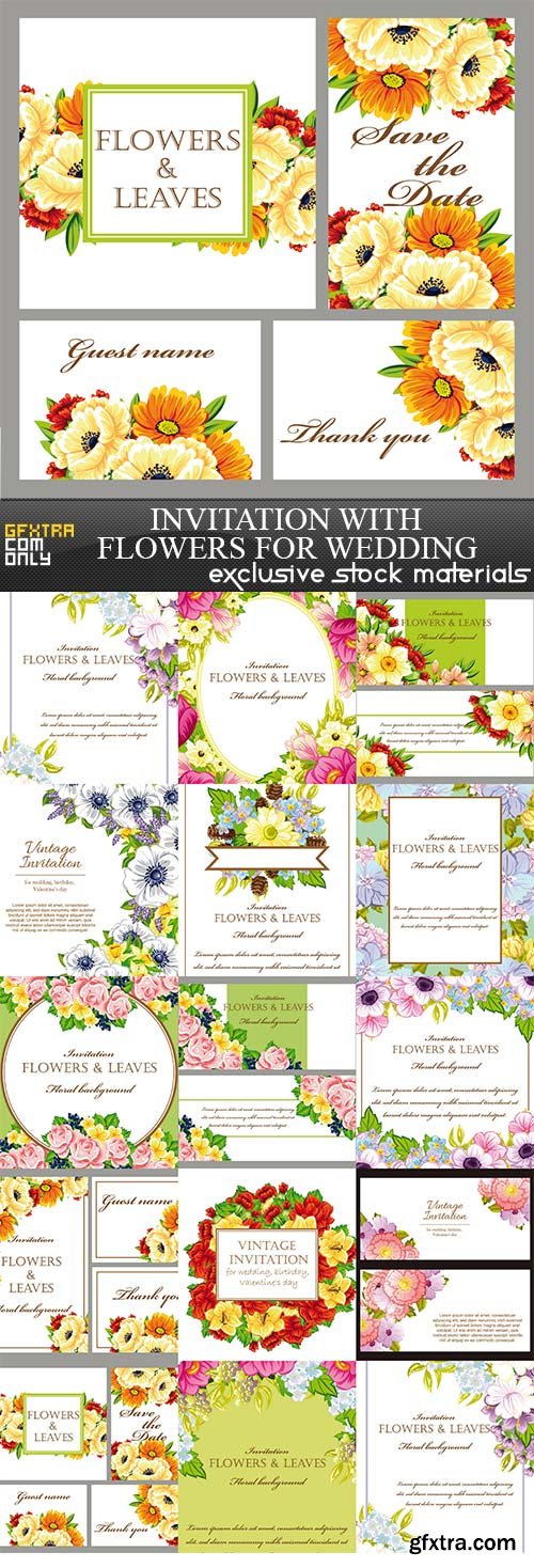 Invitation with flowers for wedding, 14 x EPS