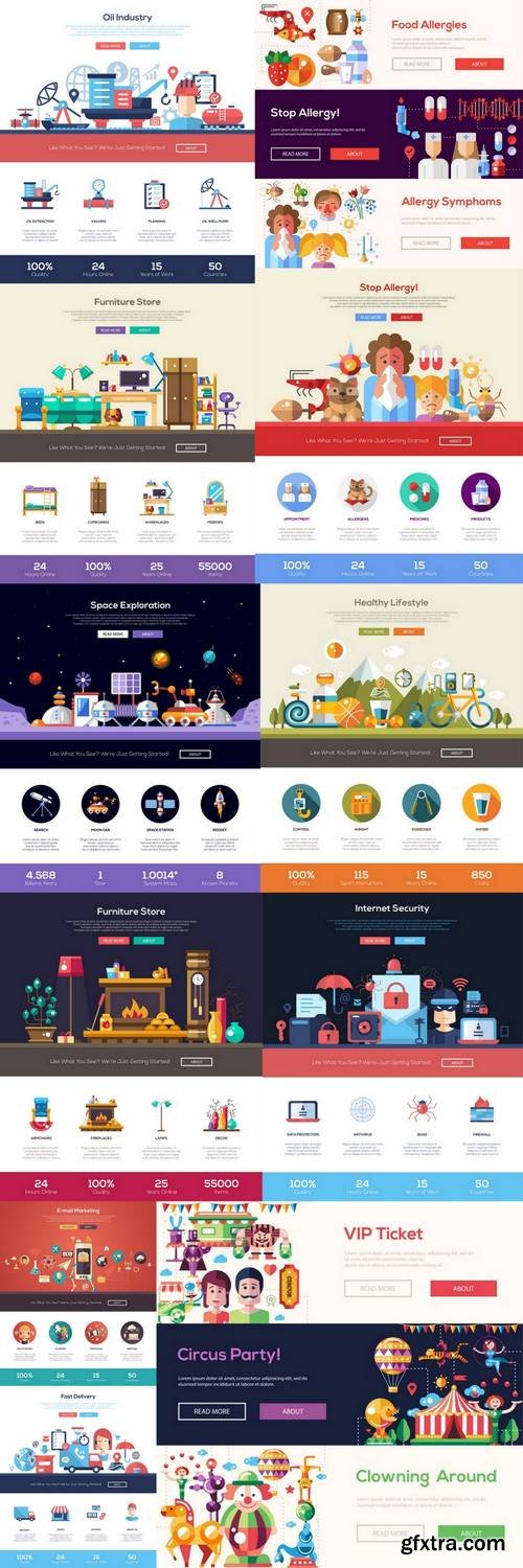 One Page Website Template Layout with Flat Header, Banner, Icons and other Flat Design Web Elements