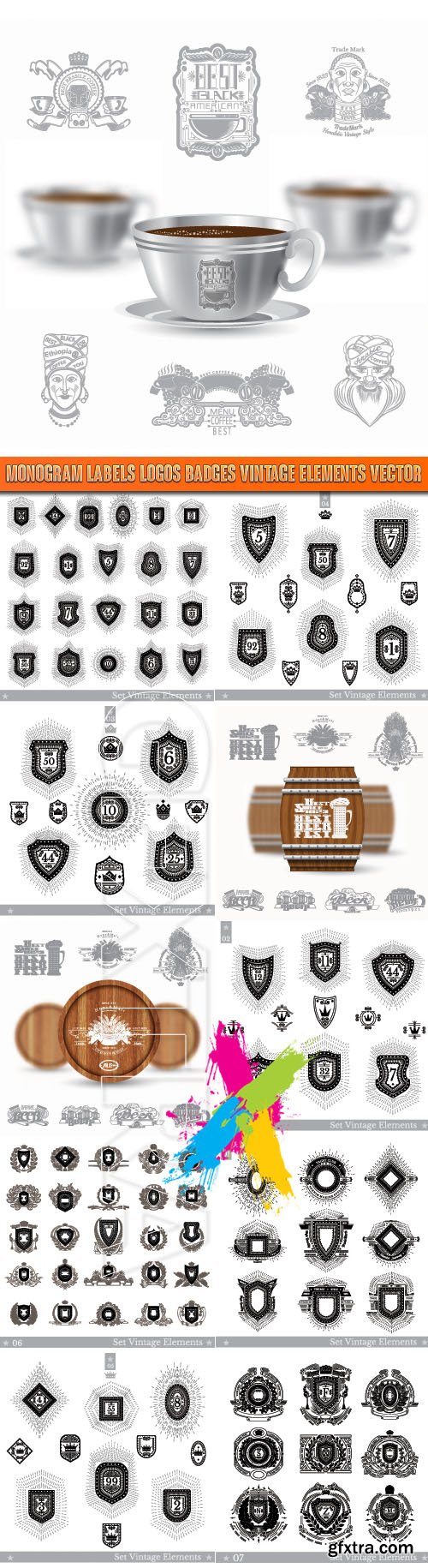 Monogram labels logos badges vintage elements vector