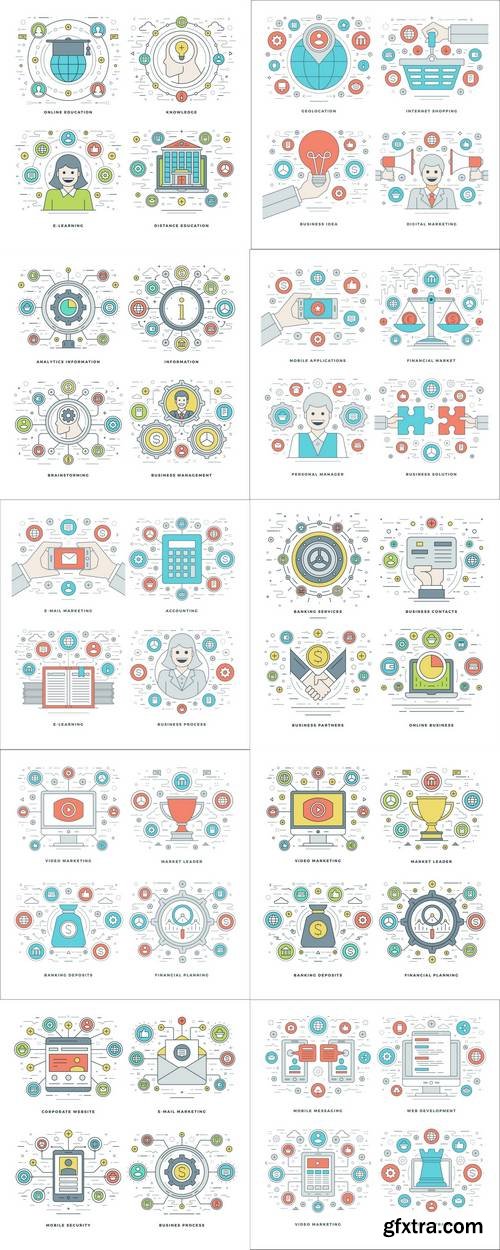 Flat Line Online Education, Knowledge, E-learning Concepts Set - Modern Thin Linear Stroke Vector Icons