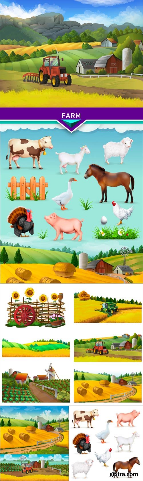 Farm, rural landscape vector background 6x EPS