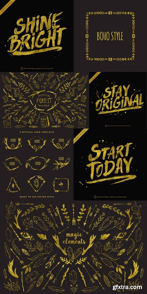 Set of Hand Drawn Logo Templates with Trendy Gold Texture