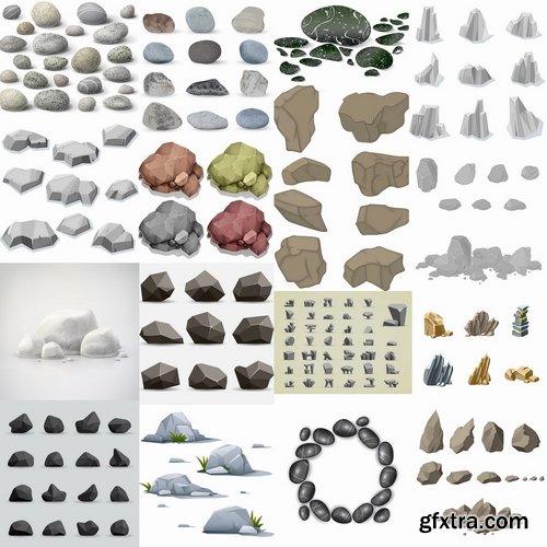 Collection of stone cobble boulder rock vector image 25 EPS