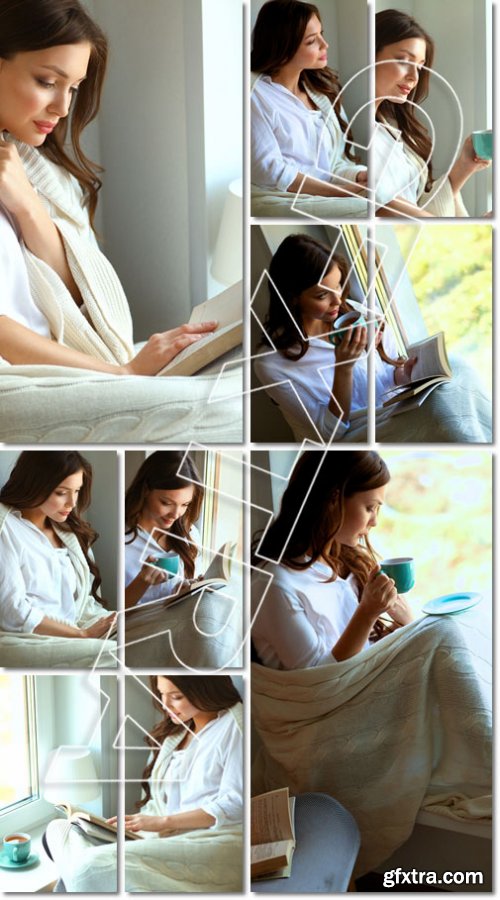 Young Woman at Home Sitting Near Window Relaxing Reading and Drinking Coffee or Tea 10xJPG