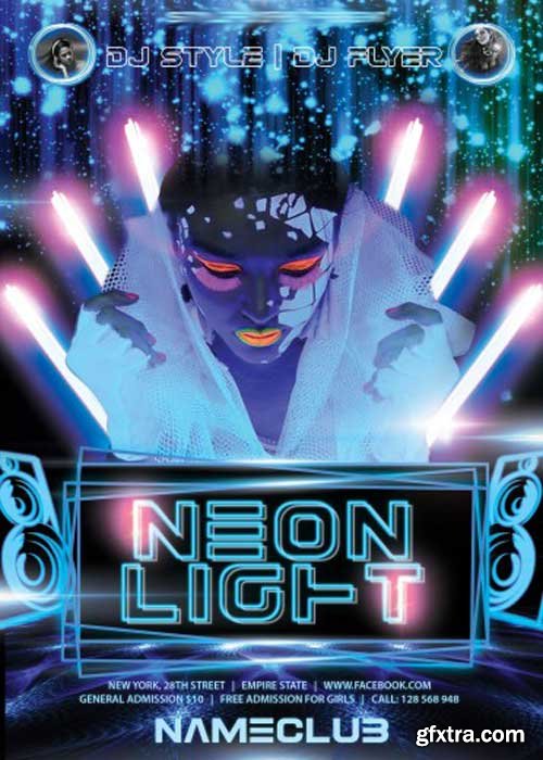 Neon Light Party Flyer PSD Template + Facebook Cover