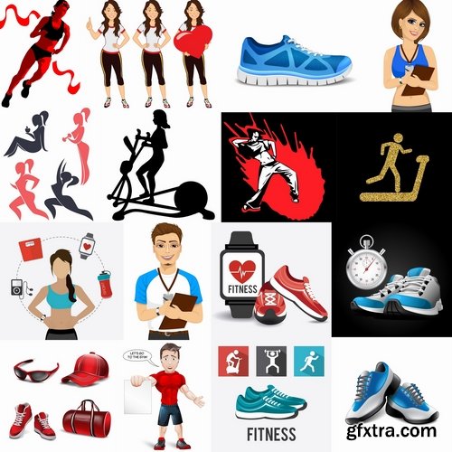 Collection of fitness equipment sports athletic trainer sneaker icon 25 EPS