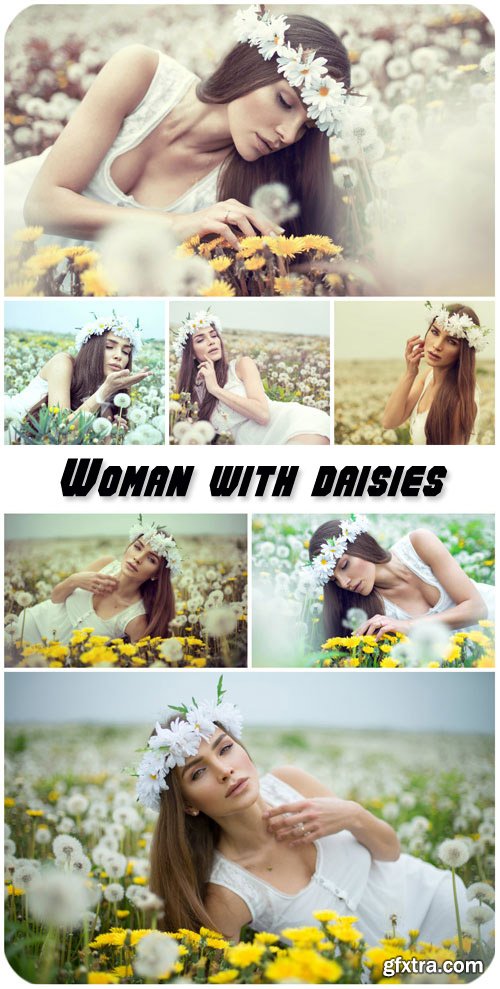 Girl in a wreath from daisies, dandelions field