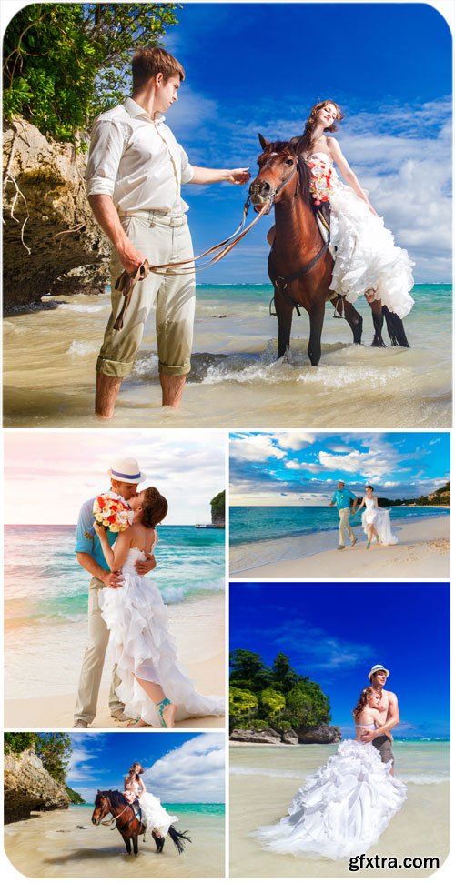 Bride and groom by the sea, wedding