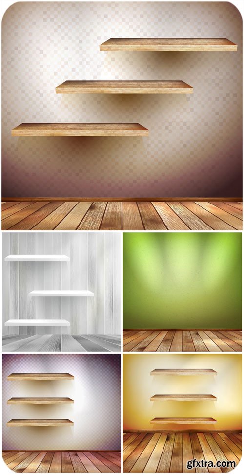 Wooden shelves on the walls, vector backgrounds