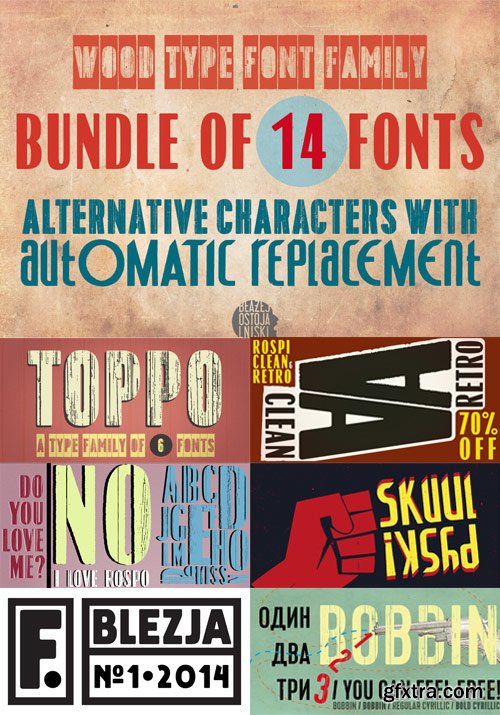 Wood Type Font Family Bundle of 14 Fonts